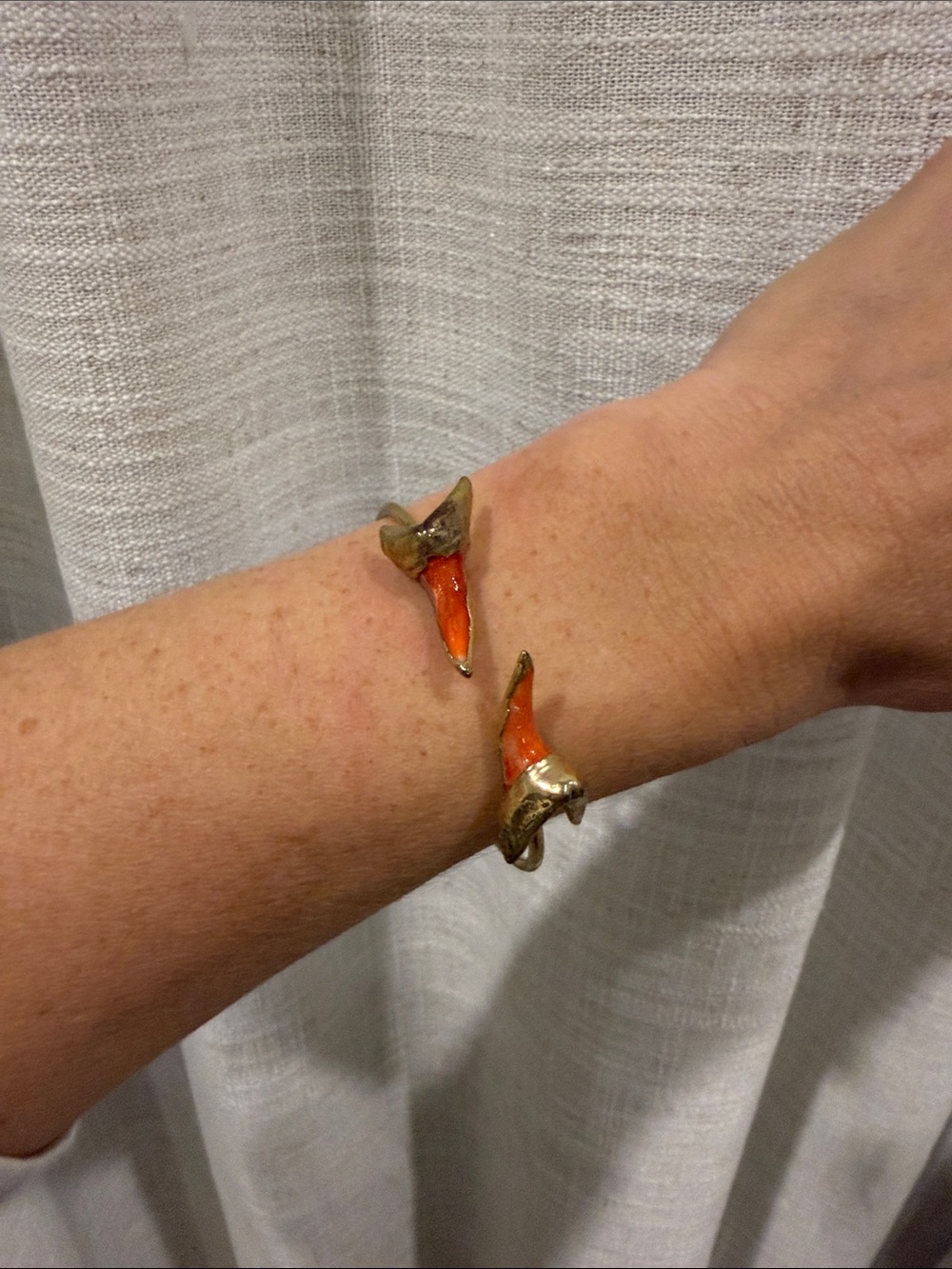 Gold-tone Orange Shark Tooth Enamel Cuff Bracelet